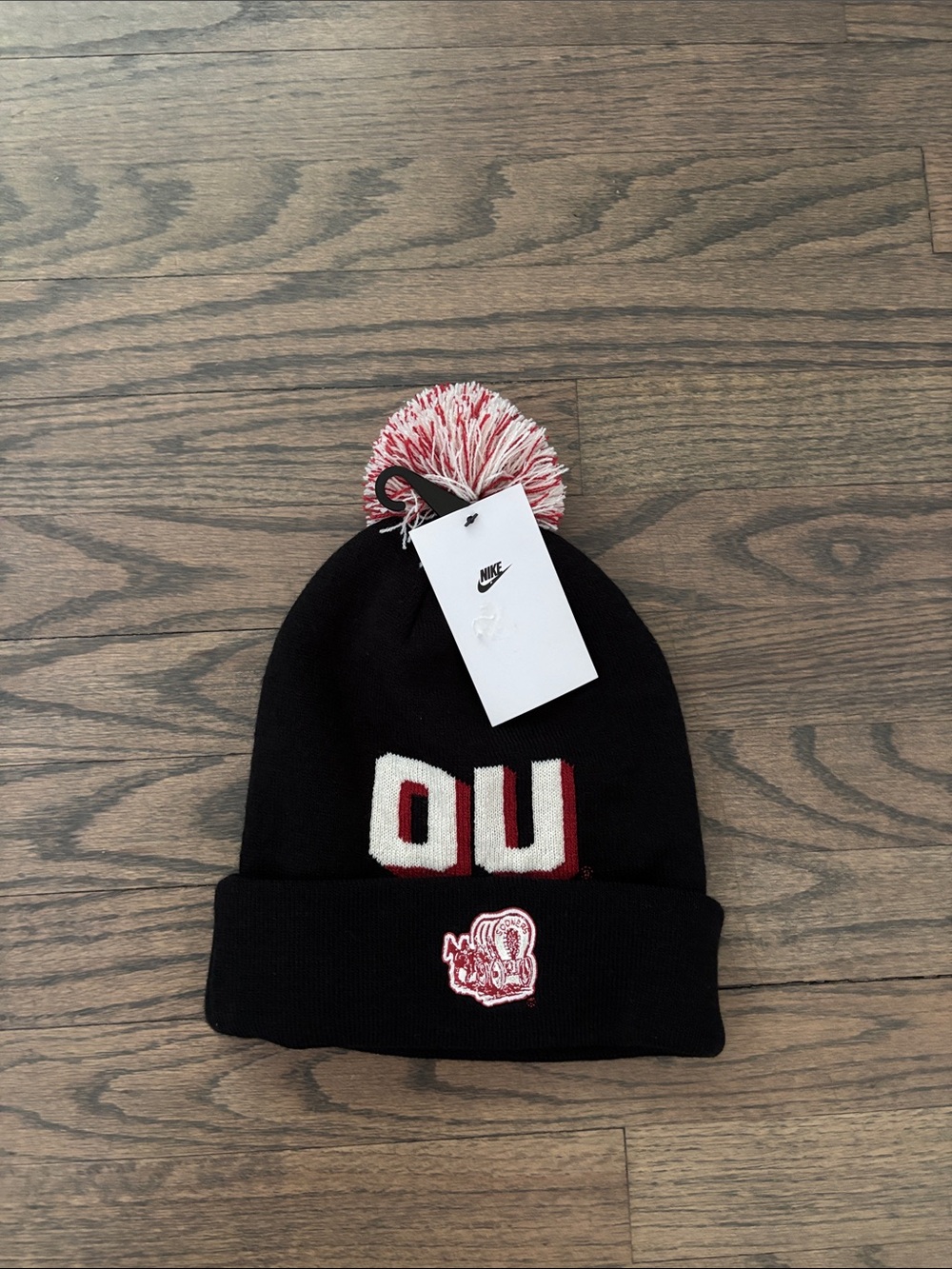 Nike Black Beanie with White and Red Pom and OU Logo